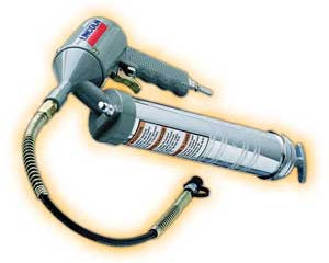 Common grease gun types include hand-powered and air-powered designs.