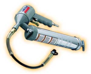 Common grease gun types include hand-powered and air-powered designs.