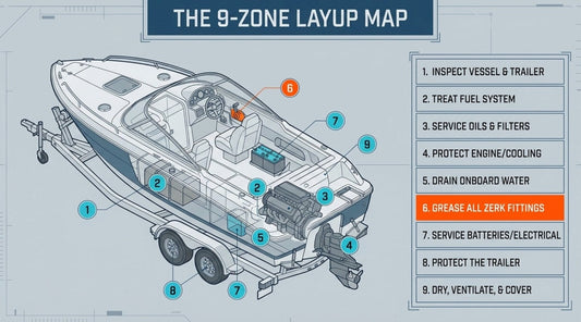 Cutaway diagram of a boat on a trailer with nine numbered winterization zones, from inspecting the vessel to drying, ventilating and covering it, with greasing all zerk fittings highlighted as step six