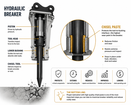 Cutaway diagram of a hydraulic breaker showing the piston, tool head, lower bushing and chisel tool, with chisel paste protecting the tool-to-bushing interface