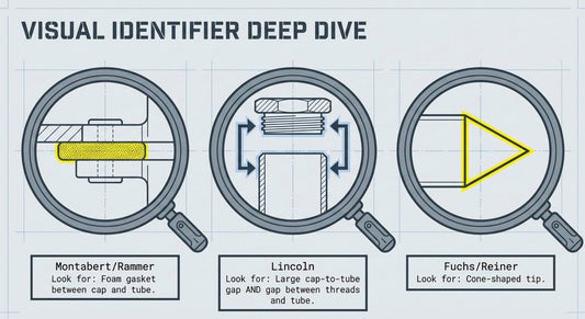 Three magnified views of Lube-Shuttle cartridge tube styles: Montabert/Rammer with a foam gasket between cap and tube, Lincoln with a large cap-to-tube gap and a gap between threads and tube, and Fuchs/Reiner with a cone-shaped tip